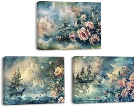 Piy Painting Kunstdrucke auf Leinwand Retro Wandbild, Blume Bild auf Leinwand, 3x 40x30cm, eingebautem Holzrahmen, für Wohnzimmer, Schlafzimmer, Küche, Bad