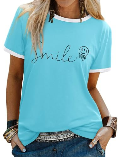 WIEIYM Women's T Shirts Smile Letter Print Summer Tee Crew Neck Ladies Short Sleeve Tops Casual Shirt S-XXL Light Blue