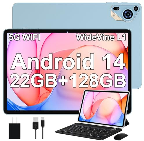 SKYEGG Tablet 10 Pollici Android 14 con 22 GB RAM + 128 GB ROM(Espandibile Fino a 1 TB), Widevine L1, 8000mAh, Octa-Core 2.0 GHz, 5G Wi-Fi, GPS, USB-C, HD Tablet con Tastiera + Mouse + Custodia, Blu