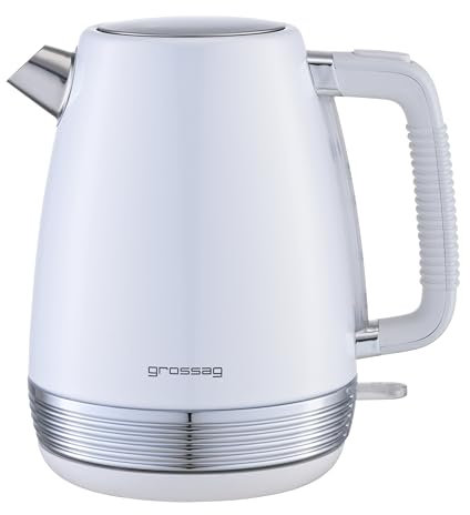 grossag WK 28.00 Wasserkocher 1,7 l im Retrodesign, Edelstahltopf, weiß in Metallic-Look, Wasserstandsanzeige und Einhanddeckelöffnung, abnehmbarer Topf mit 360 Grad drehbarer Steckverbindung