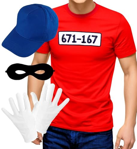MIMIKRY Panzerknacker Herren Kostüm T-Shirt Maske Handschuhe Kappe Gangster Bandit Junggesellenabschied, Größe:M/L