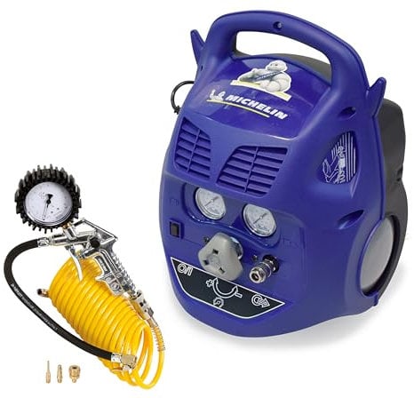 MICHELIN Compresseur d'Air Portatif MCX6U, Réservoir 6 Litres, Sans Huile + Kit (pistolet de gonflage, tuyau spiralé et 3 buses inclus)