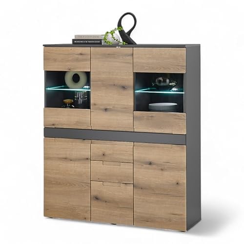 Taylor Highboard mit LED-Beleuchtung in Anthrazit, Evoke Eiche Optik - Moderner Wohnzimmerschrank mit viel Stauraum für Ihren Wohnbereich - 119 x 140 x 38 cm (B/H/T)