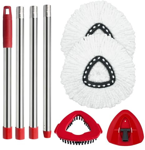 Spin Mop Head Replacement Set, 2 Microfibre Pads + Handle + Base + Cleaning Brush, Compatible with Vileda Turbo Mop, Ideal for Bathroom & Household Cleaning