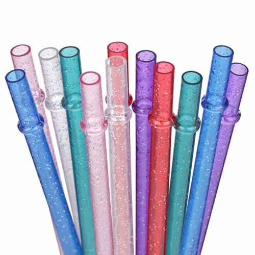 10 Inch Reusable Plastic Glitter Sparkle Drinking Straws,BPA-Free,for 16oz 24oz Tumblers/Jars,12 Straws with One Cleaning Brush(10inch,6Color)