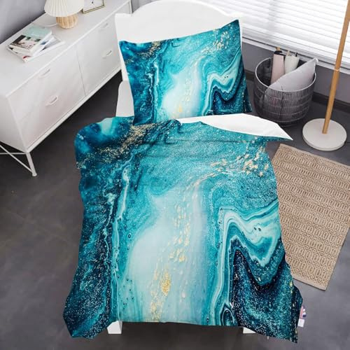 HOMHOMHA Marmor-Bettbezug 140 x 200 cm, Blau, Bettwäsche aus Mikrofaser, mit 1 x Kopfkissenbezügen, 65 x 65 cm
