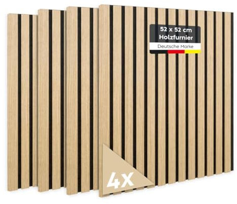 JELLE & JACOB Wandpaneele Akustikpaneele Holz Eiche Furnier 52x52 cm, 4er Set 3D Wandpaneele Holz Wandverkleidung, Akustikpaneel Deko hell Wohnzimmer, Garderobe, Akustik Wand Paneele