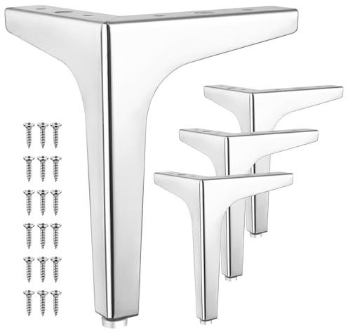 Eumtenr Metall-Möbelbeine, 17,8 cm, moderner Stil, Möbel-Sofa-Beine, Metall, poliertes Chrom, dreieckige Füße für Tisch, Schrank, Sofa, Couch, Stuhl, DIY-Ersatzfüße – mit Gummi-Bodenschonern, 4 Stück