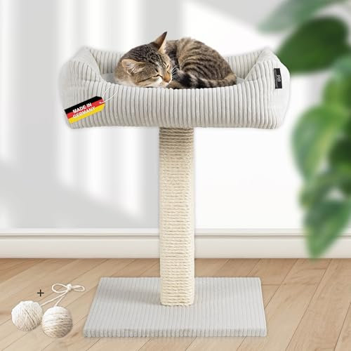 Rohrschneider Katzenbaum Wolly | Made in Germany | Kleiner Kratzbaum mit kuscheligem Katzenbett aus Cordstoff | breiter Kratzstamm aus Vollholz | versch. Farben (Cordstoff breit beige)