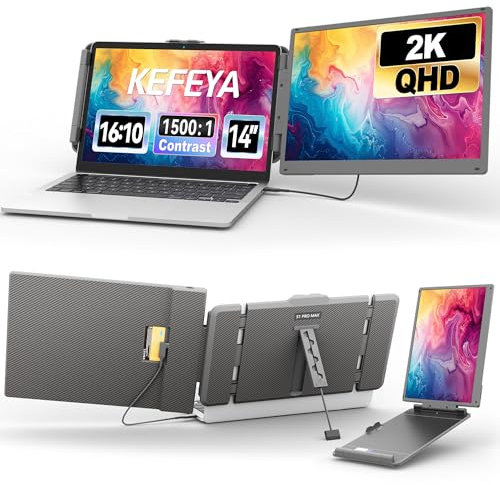 KEFEYA 2K Laptop Screen Extender, 14'' Portable Monitor for Laptop with 2160 x 1440P, Speakers & Kickstands, Plug & Play Dual Screen Monitor for 13-16.5 Laptops, for Mac, Wins, Android, Dex
