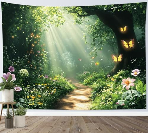 LB Green Forest Tapestry Flower Butterfly Mushroom Tree Plants Tapestry Wall Hanging Fairy Tale Nature Landscape Tapestries for Living Room Bedroom Dorm Wall Decor,59x39 inch