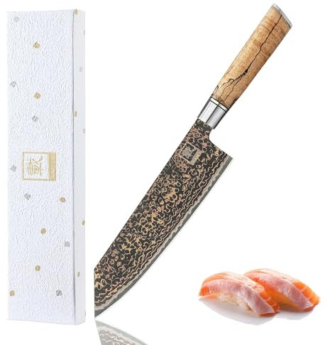 zayiko BlackMagma Damastmesser Kiritsuke I 21 cm Klinge aus Damaststahl mit Kupfer & Bronze sowie Ahornholzgriff I Edles Damast Küchenmesser in Geschenkbox