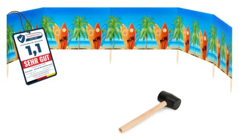 Garronda 6 m lang Windschutz Strand Sichtschutz mit Gummihammer GAEX001 | Windfang für Camping und Strandtage, praktisches Strandzubehör mit Holzstäben, als Sichtblende und Windbarriere im Sand