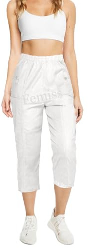 femiss Pantacourt 3/4 pour femme avec élastique - Pantalon court 3/4 doux d'été - Grande taille, Blanc-2, 40