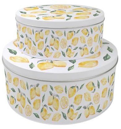 Purely Home Lemons Set of 2 Cake Tins Gift - Fruity Nesting Round Large & Medium Metal Storage Containers for Cakes and Baking
