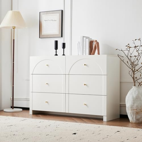 MOTUZP 120 cm Holz Schlafzimmer Kommode, Kommode mit 6 Schubladen, Mehrzweckschrank, moderner Schubladenschrank für Wohnzimmer Esszimmer Flur (Weiß-G) Bogen-Dekoration