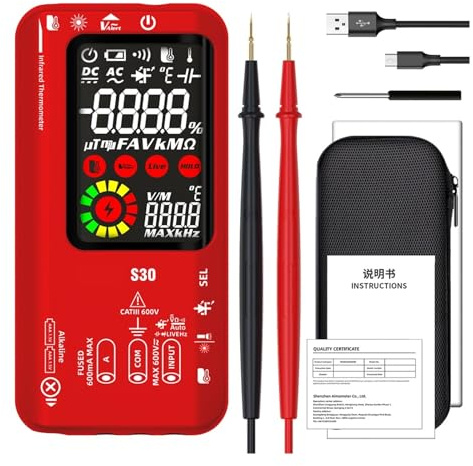 S30 USB Charge LCD Color Screen Digital Multimeter Infrared Thermometer True RMS 15V Diode AC DC Voltage Current Tester(Red S30)
