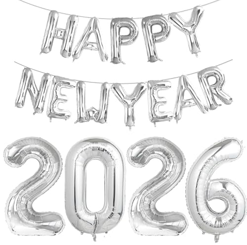 Luftballons Silvester Deko 2026 Party Set, Happy New Year Deko Ballons Silber, Silvesterdeko Neujahr Deko 2026 Folienballon, Neujahr Helium Ballon für Silvester Dekoration, Silveste Party Deko Zubehör