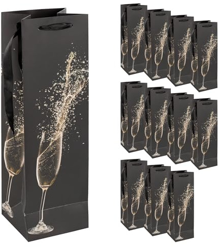 Idena 90412 - Flaschentaschen Sektglas, 12 Stück in Schwarz, Geschenktaschen in der Größe 39 x 12 x 10 cm, Geschenktüten für den Geburtstag