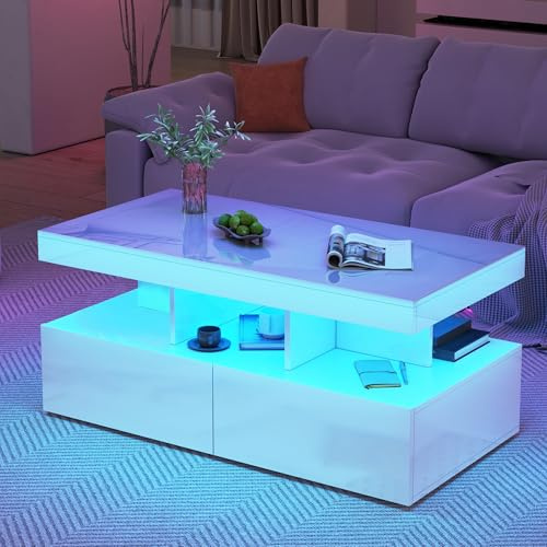 INONEFT Couchtisch Weiß, Wohnzimmertisch Hochglanz mit 6000-Farbiger LED Beleuchtung, Offenem Ausstellungsregal und 2 Ausziehbaren, Modern Beistelltisch Weiss für Wohnzimmer, 104x53x46 cm