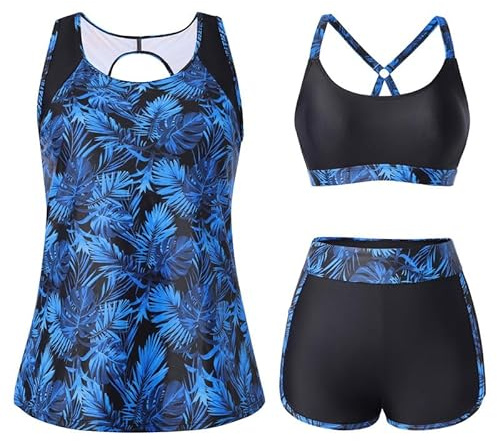 Hanna Nikole Tankini 3 pièces pour femme - Maillot de bain amincissant - Maillot de bain sport - Haut de bikini push-up et short de bain taille haute avec poches - Maillot de bain réglable - Couleurs