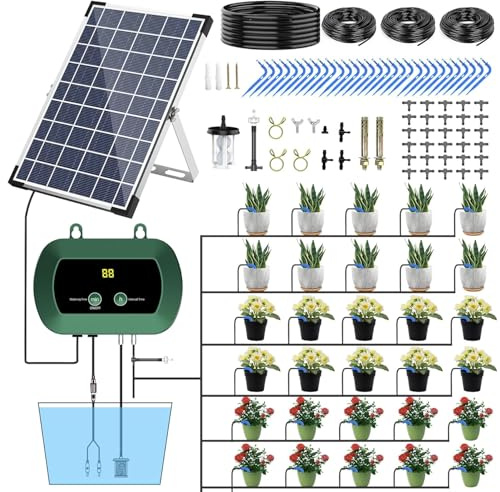 Sistema di irrigazione solare con 300 modalità, set di irrigazione a goccia automatico con tubo da 30 m, sistema di irrigazione solare per piante, giardino, balcone, serra e piante in vaso