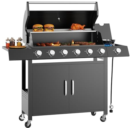 ZoomBuggy Gasgrill mit 6 Hauptbrennern + 1 Seitenbrenner aus Edelstahl, BBQ-Grillwagen 60000 BTU mit Warmhalterost, Unterschrank, 2 feststellbaren Lenkrollen, für Garten, Terrasse und Camping