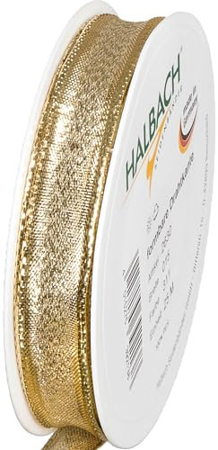 Halbach Seidenbänder Geschenkband Gold - made in Germany - mit formbaren Drahtkanten | 15mm x 25m | Edles goldenes Band für Hochzeit oder Weihnachten