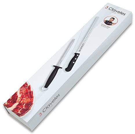 3 Claveles 00966 - Juego de cuchillos para rebanar de filo hueco y acero para afilar, 29 cm, Negro