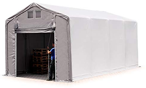 TOOLPORT Tendostruttura 4x8m Tendone Deposito con portone a pacchetto, telo ignifugo in PVC PRIMEtex 2300 N impermeabile grigio, altezza laterale 3m