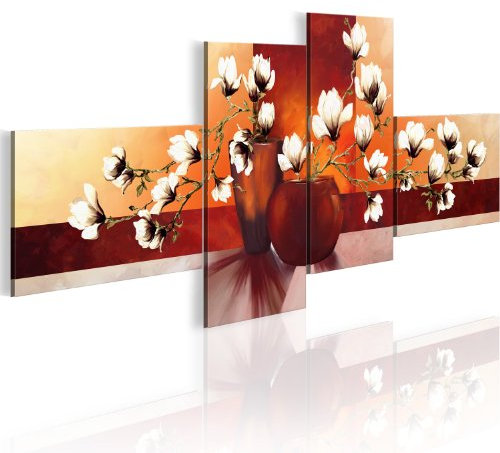 B&D XXL HandArt Bilder auf Leinwand Blumen 5 tlg Leinwandbild Wandbilder Wohnzimmer Wanddekoration Moderne Kunst - Magnolien Blumenvase wie gemalt 0107-10