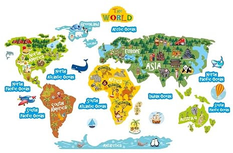 Wandtattoo Bildung Aufkleber für Kinder – Lustiges und buntes Weltkarte-Poster Geographie & Tierkunde– die Welt kennenlernen Vinyl Wandsticker Deko (200 cm./ 100 cm)