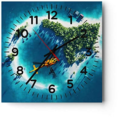 Modern Wanduhr Hubschrauber Ozean Insel Paradies 40x40cm Quadrat Groß Wand Uhr Glas Analog Zimmeruhren Küche Büro Wohnzimmer Glasuhr Wall Clock Dekoration Design Küchenuhr C4AC40x40-2965