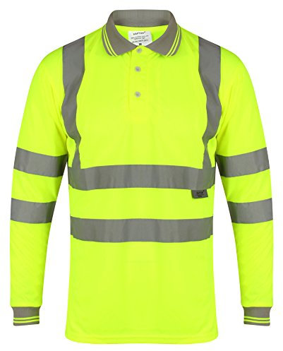 HuntaDeal Hi Viz Long Sleeve Polo Shirt High Visibility Reflective Tape Workwear for Safety & Security | Breathable Lightweight Double Tape Hi Vis T Shirt for Men & Women Yellow