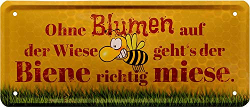 WOGEKA ART Retro Blechschild Ohne Blumen auf der Wiese geht´s der Biene miese witziger Spruch zum Geburtstag Weihnachten zur Dekoration 28x12 cm aus Metall 1829