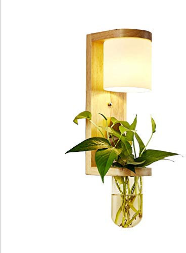 QTRT Applique plante verte nordique, laissant passer la lumière en verre Abat Wall Light, en bois massif Applique murale avec interrupteur à glissière, Industriel Rétro E27 Chambre Lampe de chevet Déc