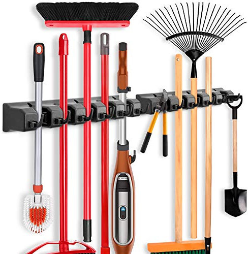 IMILLET 2 Pack Mop and Broom Holder, Wall Mounted Organizer Mop and Broom Storage Tool Rack with 5 Ball Slots and 6 Hooks (Black)