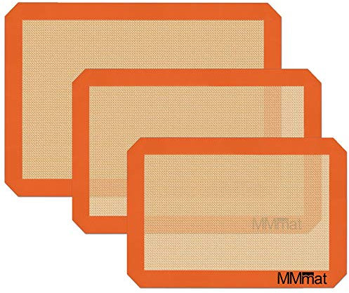 MMmat Silicone Baking Mat - Best German Silicone - Non Slip Silicone Baking Sheet, Non Stick Reusable Silicone Mats for Baking, Oven Liner, Counter Mat - Half + Medium + Quarter Baking Sheets Set