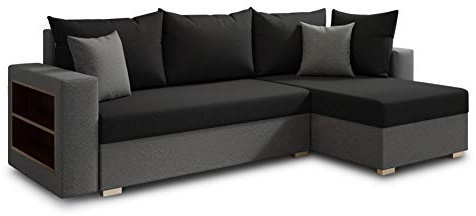 Ecksofa Lord mit praktischen Regal - Sofa mit Bettkasten und Schlaffunktion, Schlafsofa, Polsterecke, Couch L-Form, Couchgarnitur, Sofagarnitur (Grau + Schwarz (Alova 10 + 04), Ecksofa Rechts)
