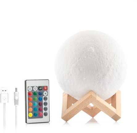 InnovaGoods - Wiederaufladbare LED Lampe Mond Moondy, 3D-Design, 16 Farben LED RGB, USB-Ladung, Holz, Hell, 15 x 18 x 15 cm