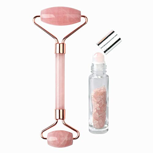 Jade Roller und ätherisches Öl Flasche Set Handheld 100% natürlicher Rosenquarz Jade, Gesichtsroller für Falten Anti Aging Augen Gesicht Hals Heilung Abnehmen Massagegerät