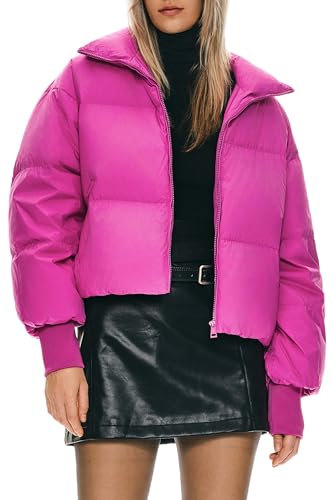 OROLAY Piumino Invernale da Donna Collo Alto Sagoma Oversize a Bolle Piumino Corto Rosa L