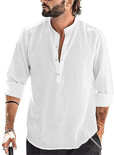YAOBAOLE Herrenhemden Langarm Baumwolle Leinenhemd Freizeithemd Button Down Shirt Weiß XL