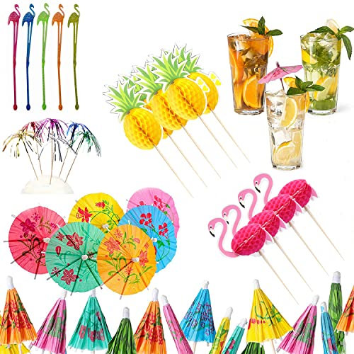 100 Stück Party-Cocktail-Deko-Getränkezubehör mit wiederverwendbarem Regenschirm, Feuerwerk-Cocktail-Stick, Flamingo, Ananas-Cocktail-Stick und Flamingo-Rührer, Party-Cocktail-Stick