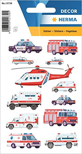 HERMA 15739 Aufkleber Rettungsfahrzeuge klein, 36 Stück, Auto Sticker mit Blaulicht Rettungswagen Feuerwehr Hubschrauber Polizeiauto Motiv, Kinder Etiketten für Fotoalbum Tagebuch Scrapbooking Deko