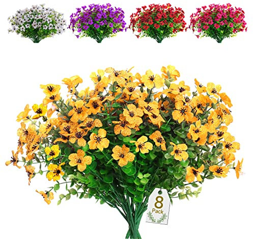 SOMYTING 8 Bundles Buissons Artificiels Fleurs Artificielles en Plein Air Résistantes Aux UV Pas de Décoloration Plante Artificielle Verte pour Jardin Véranda Fenêtre Arbustes Décoration (Jaune)