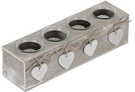 Relaxdays Portacandele, Centrotavola Rettangolare, 4 Candeline, Stile Shabby Chic, Cuori, Fiocchi, 29,5 cm, Bianco Beige, Fibra di Legno