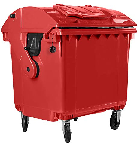 Bauer Müllcontainer mit 4 Rädern mit Runddeckel, Deckel im Deckel, Müllgroßbehälter, Abfalltonne, Mülltonne, Volumen: 1 100 Liter, Farbe: Rot, Größe: 1 461 x 1 370 x 1 070 mm