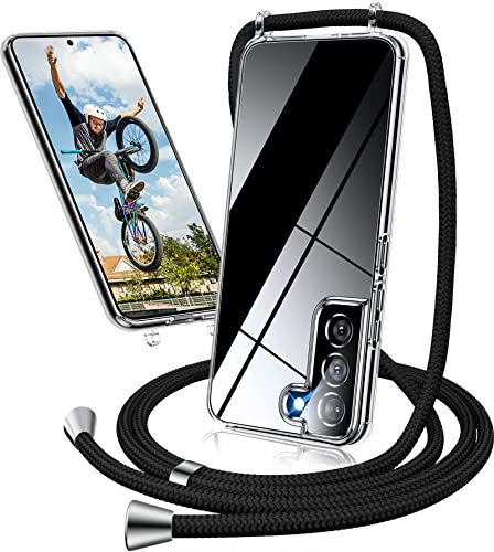 Handykette Hülle für Samsung Galaxy S21 Hülle mit Band, Ultradünn Necklace Handyhülle Samsung S21 Hülle mit Kordel Band zum Umhängen Transparent Case Schutzhülle Samsung S21 5G mit Kette (Schwarz)
