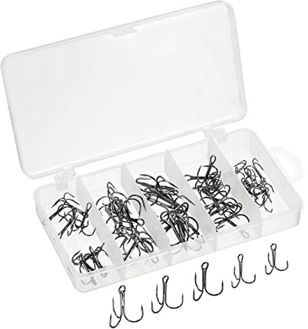 PATIKIL 6#4#2#1#1/0# Drillinge Angelhaken scharfer runder gebogener Haken aus Kohlenstoffstahl mit DREI Widerhaken für Süßwasser-Salzwasser, schwarz